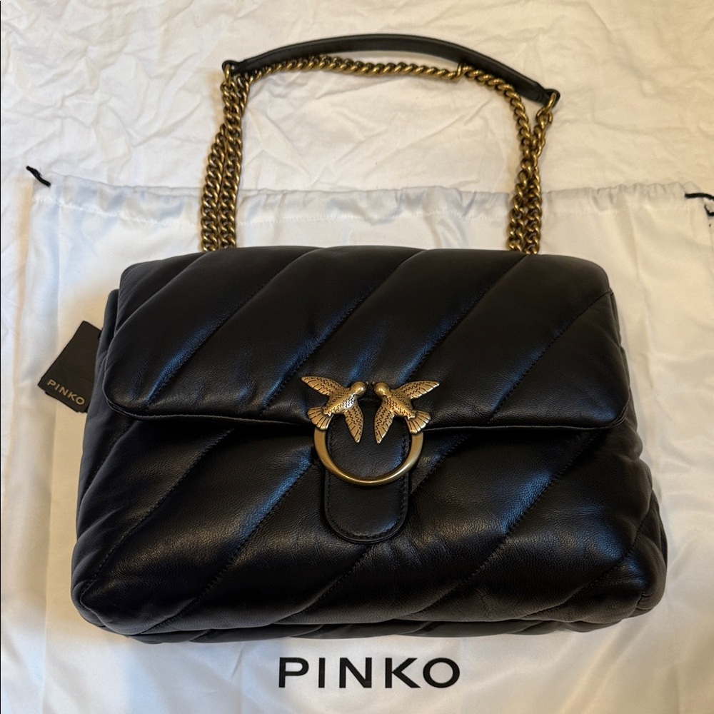NWT Pinko Love Big Puff Maxi Quilt Black Shoulder Bag with Gold Hardware Accents